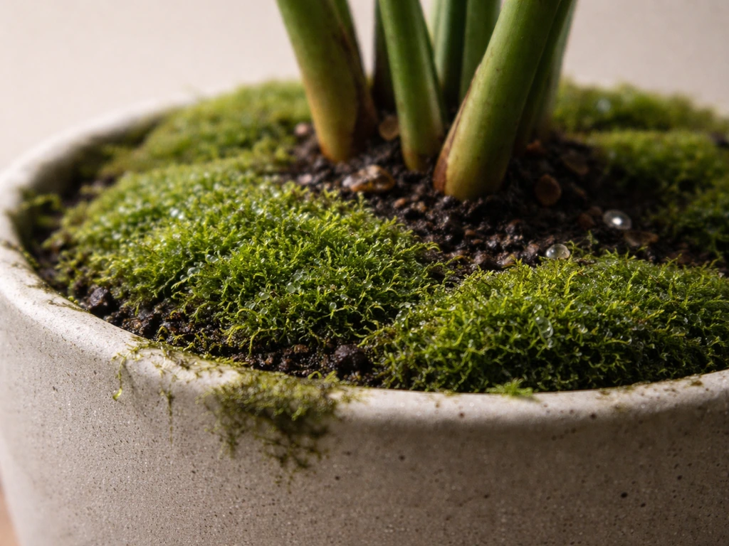 Close-up van groen mos op vochtige potgrond en aan de rand van een bloempot rond stengels van een plant.