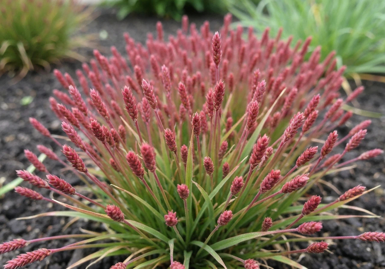 Close-up van Japans rood siergras met smalle rechtopstaande bladeren en rode bladpunten.