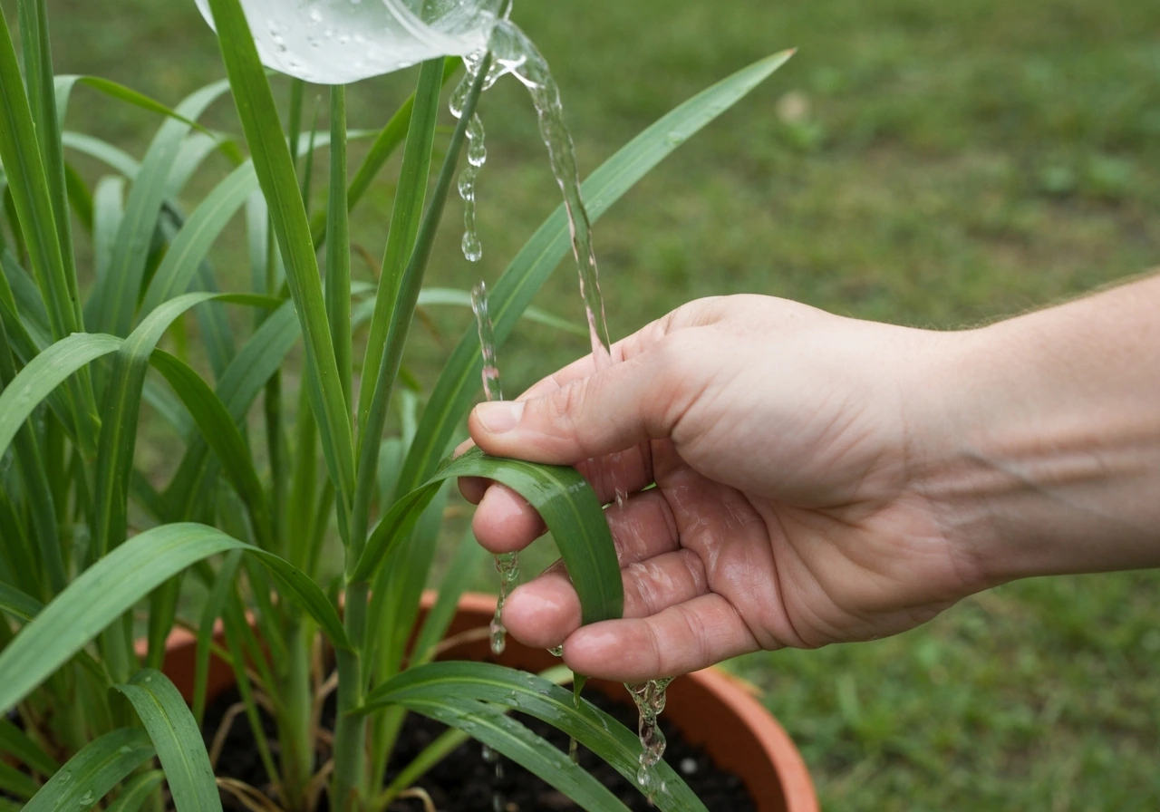 Hand die water geeft op de grond bij de pol van Japans rood gras, met tuinbodem op de achtergrond.