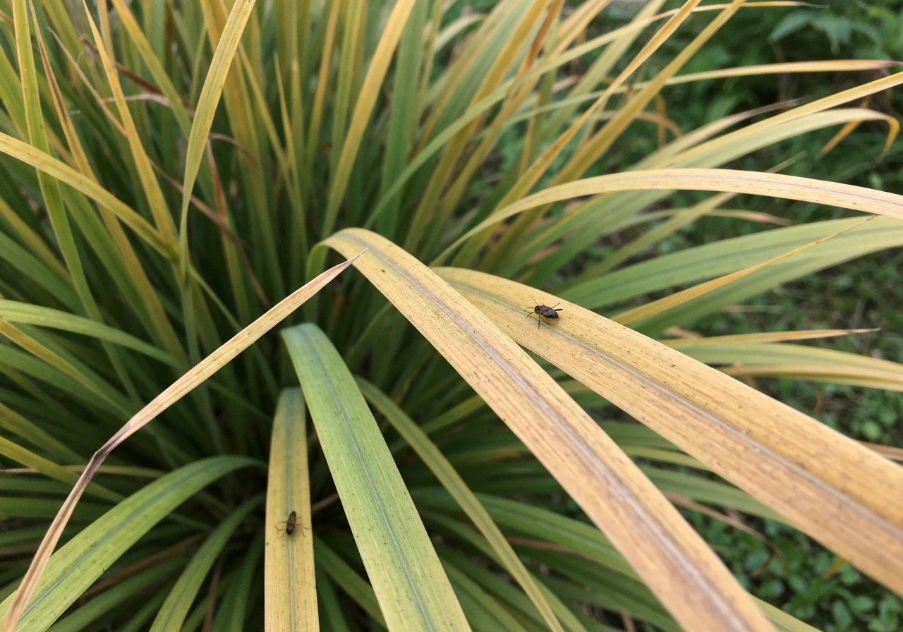 Close-up van Japans rood grasblad met bruine en oranje roest-/schimmelvlekken in een tuin.