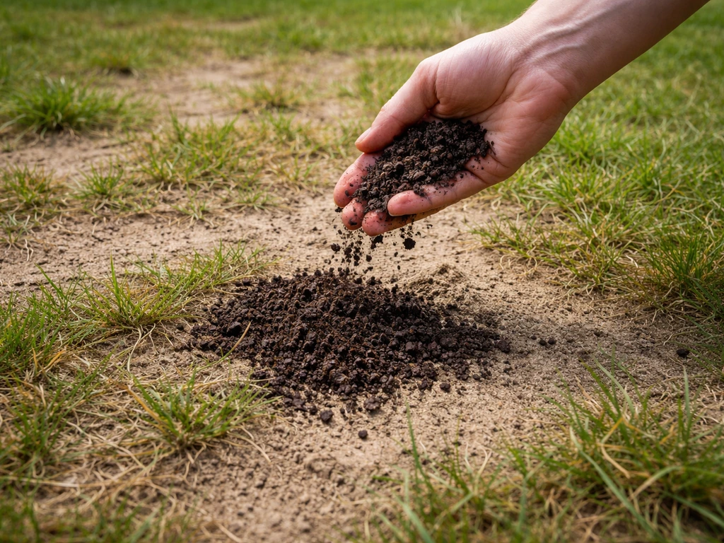 Verarmde Nederlandse grasmat met kale plekken en een hand die donkere organische stof op de zode strooit.