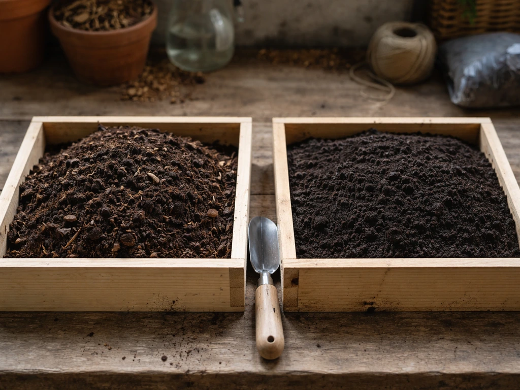 Twee bakken naast elkaar: donkere compost en humus/verteerde grondstof, duidelijk verschillend van structuur.