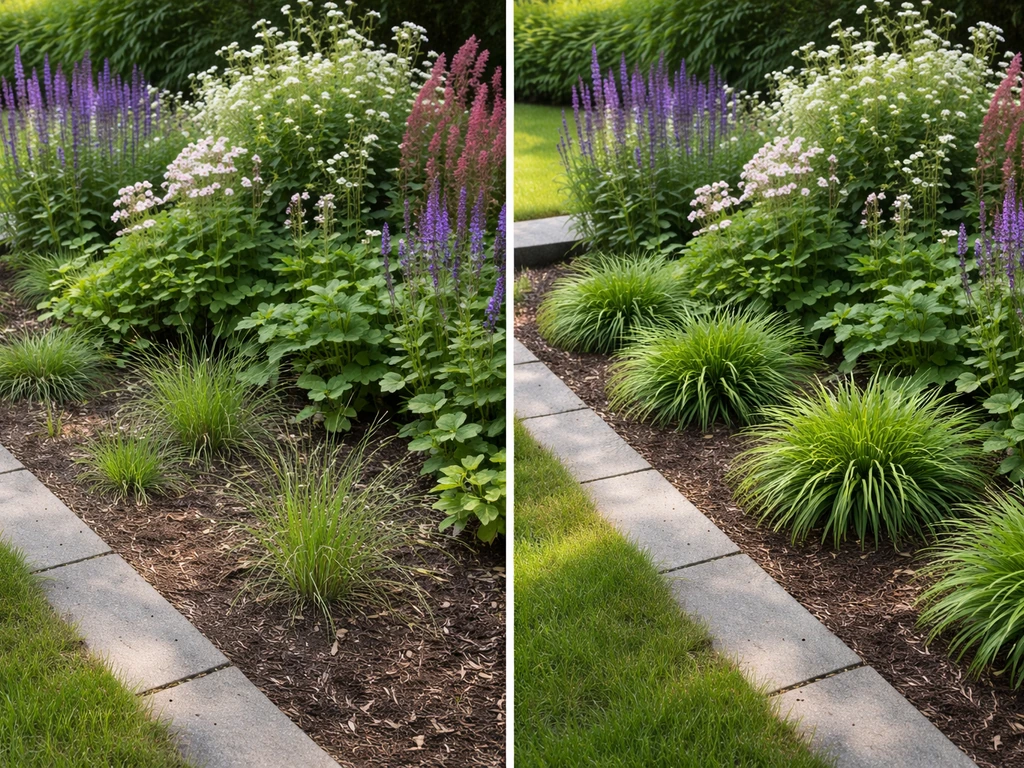 Links onkruidgras tussen vaste planten, rechts siergras dat duidelijk in de border hoort.