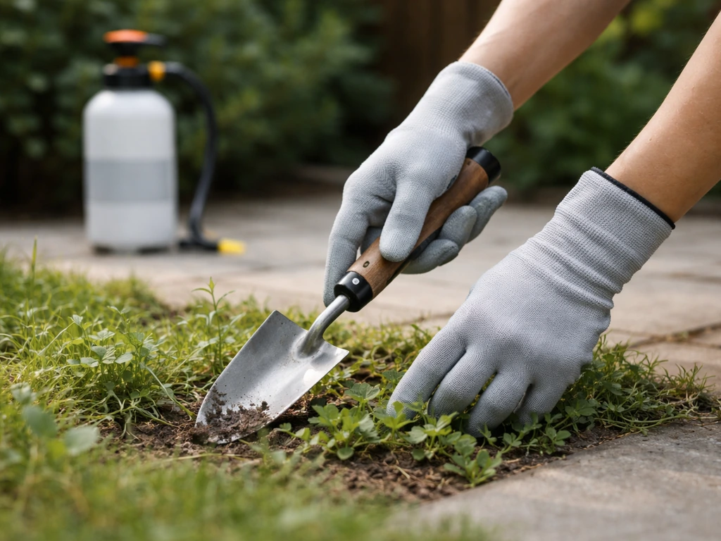 Persoon in tuin met handschoenen en onkruidgereedschap, met veilige toepassing van middelen op achtergrond.