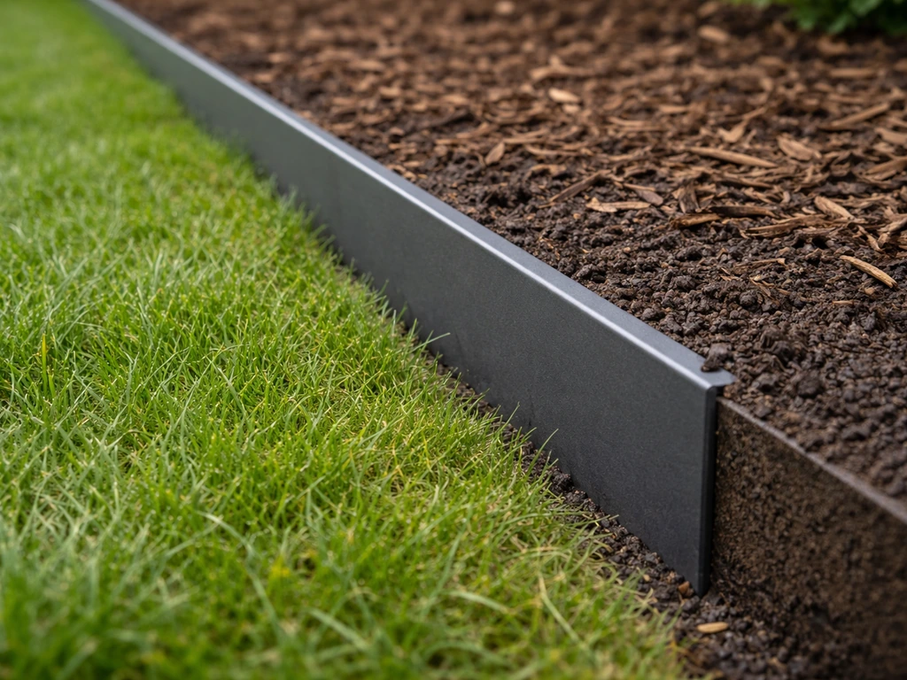 Detail van een borderbegrenzer in de grond met nette overgang tussen gazon en border, zonder gras dat terugkomt.