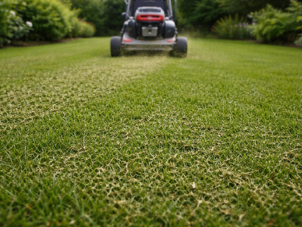 Tuinmaaier die gemaaid gras in kleine snippers achterlaat en een mulchlaag op het gazon vormt.