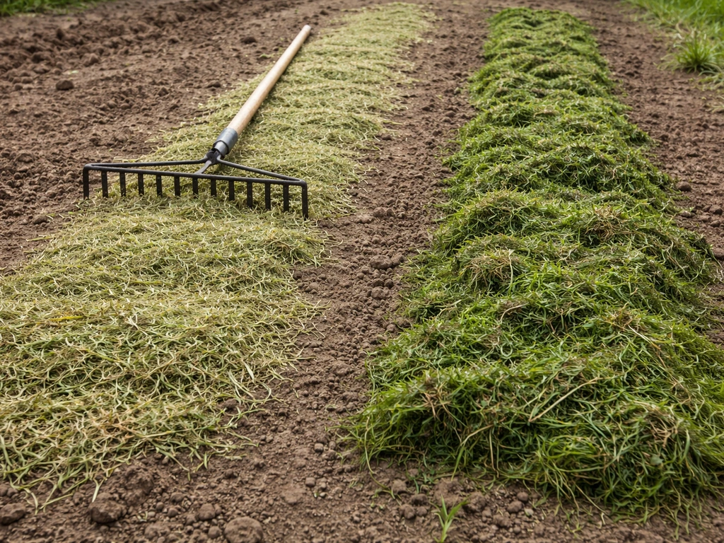 Tuinmulchen: twee kleine vakken met droog, kort gras om te mulchen en nat, langer gras om af te voeren
