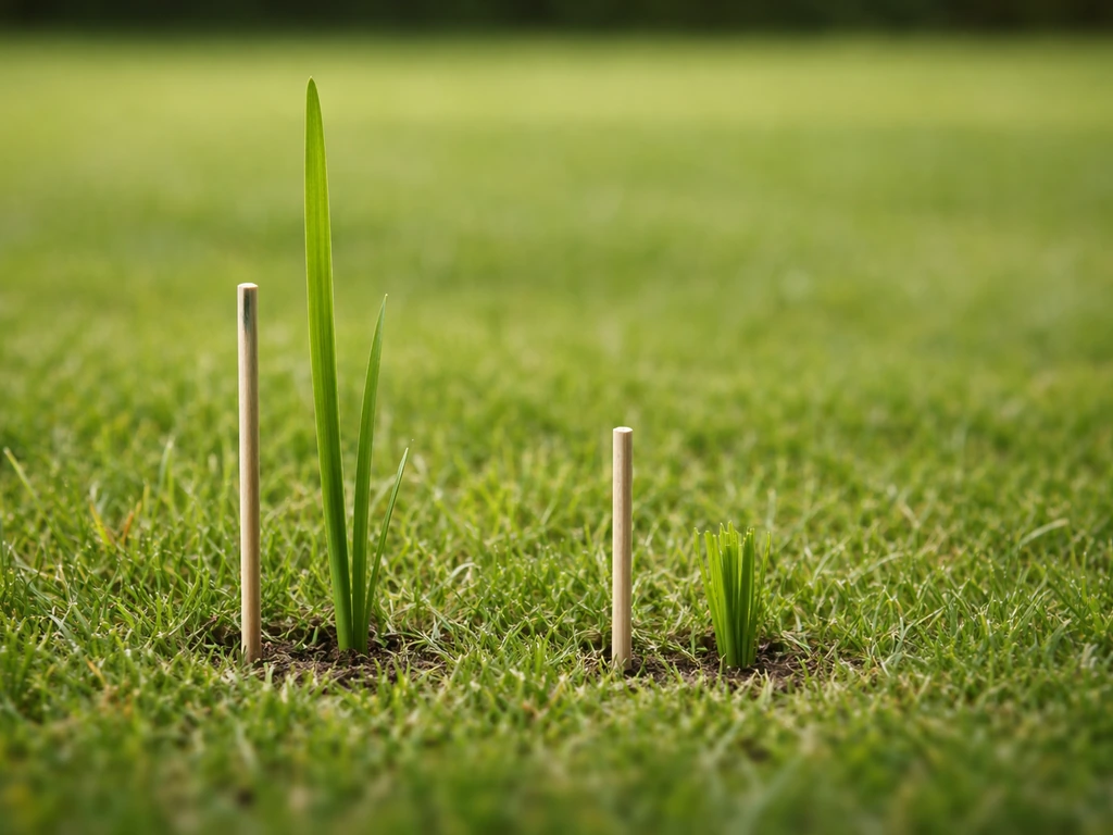 Close-up van gazongras met twee hoogtes: ca. 6 cm links en ca. 4 cm rechts, visueel 1/3 terug.