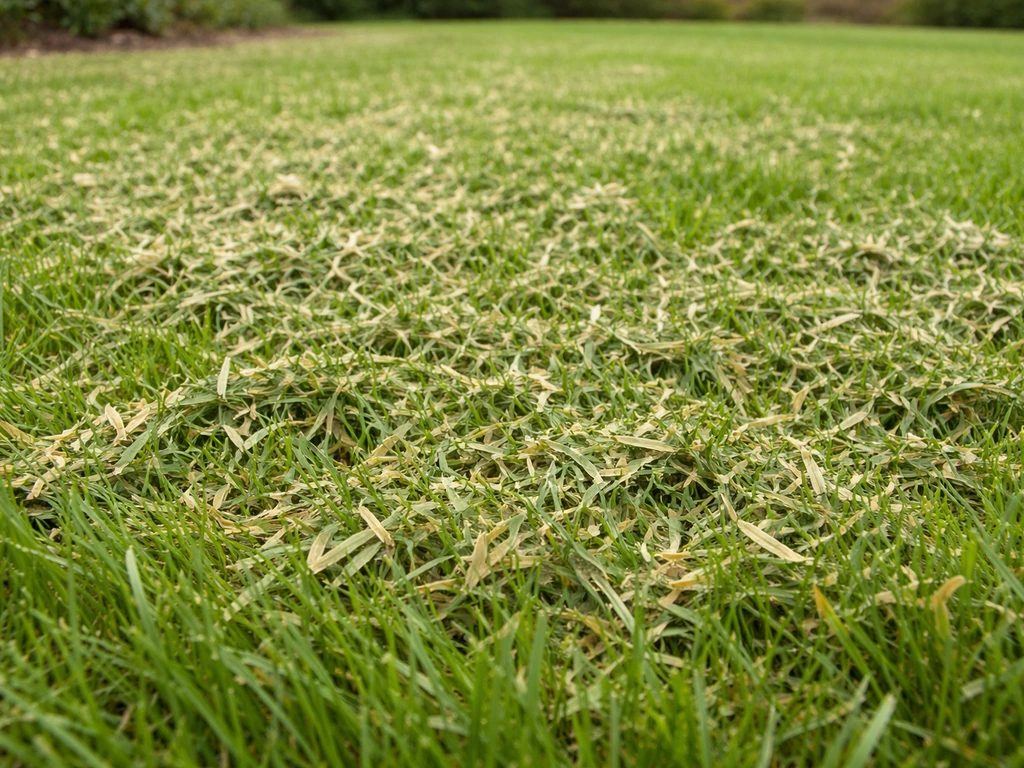 Fijngehakte grassnippers van 1–2 cm liggen op een gazon na mulchen