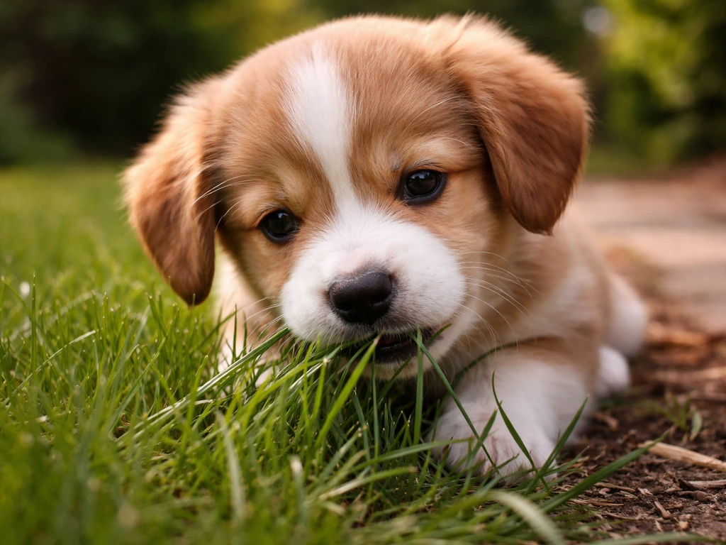 Close-up van een pup die gras eet in een rustige tuin, met natuurlijke belichting