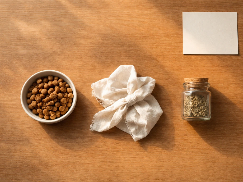Flatlay op houten tafel met hondenvoer-schaaltje, doekje en kruidenpotje als symbolen voor mogelijke oorzaken.