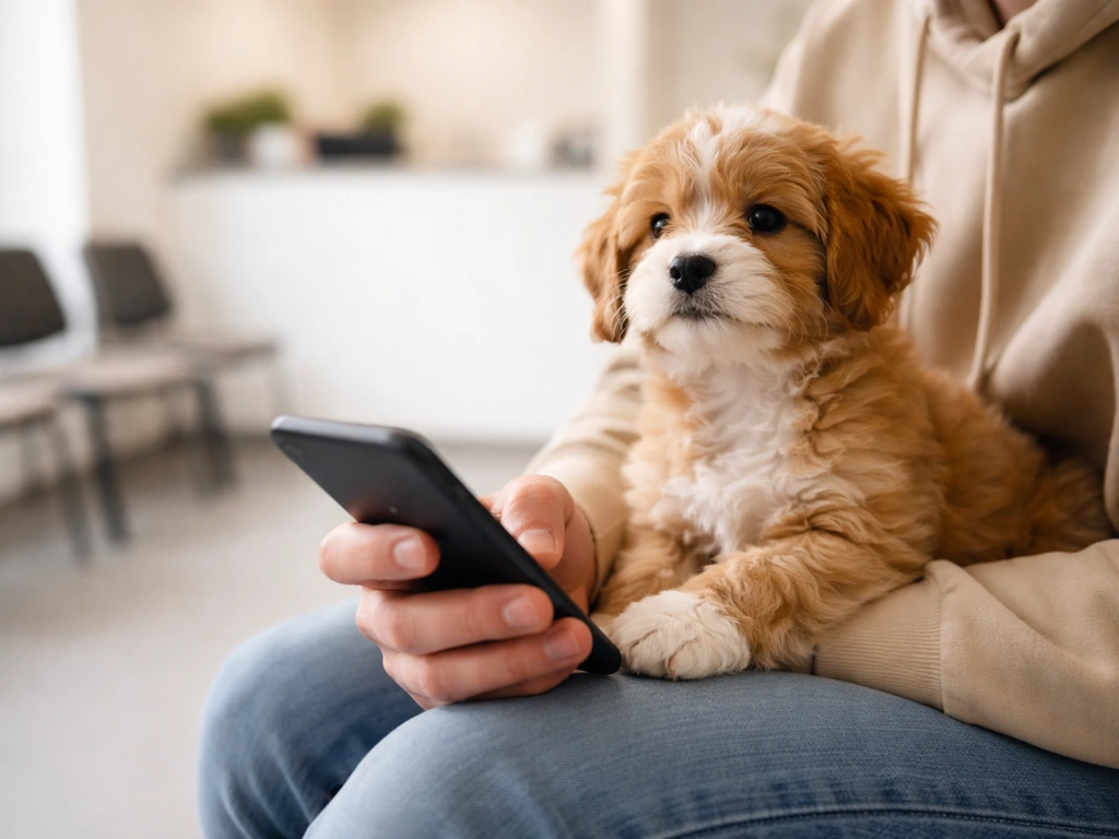 Baasje loopt met een pup de dierenartsenkliniek binnen terwijl een telefoon in beeld is