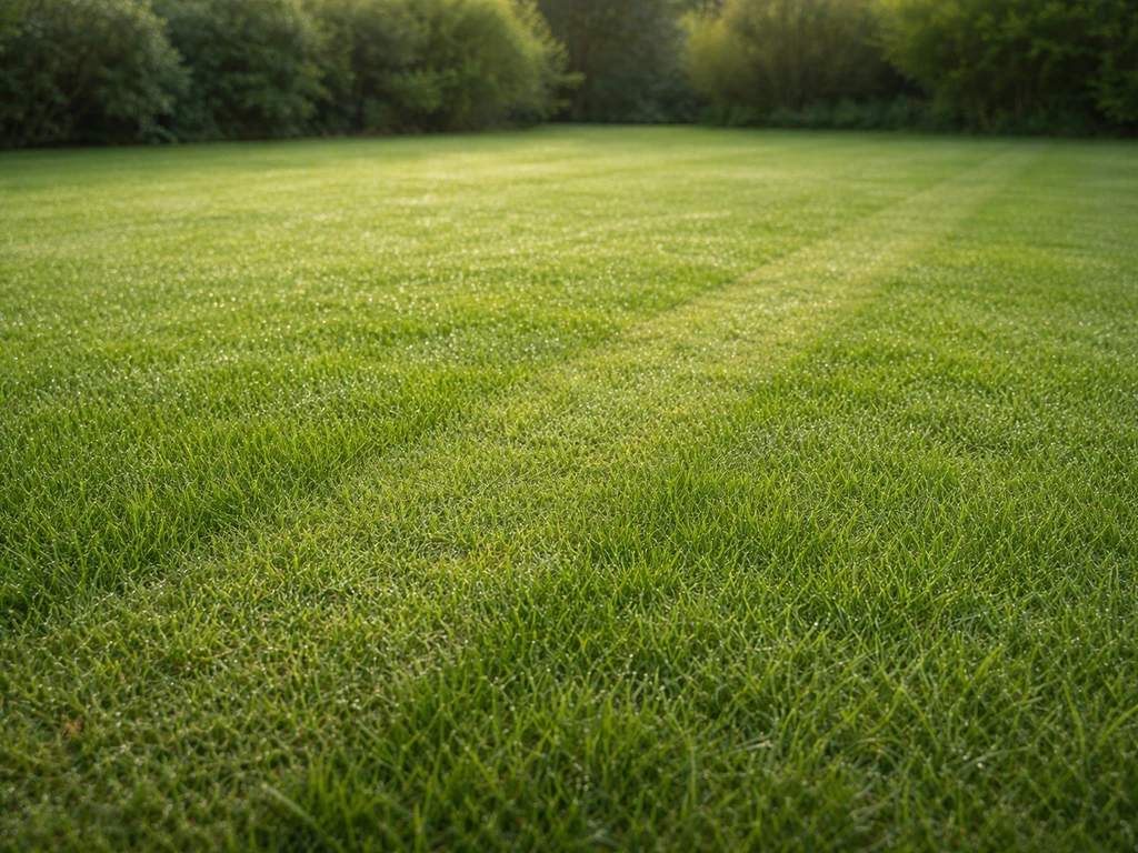 Dicht en egaal Nederlands gazon met subtiele doorzaai-/renovatierand, frisse groene grasmat in natuurlijk licht.