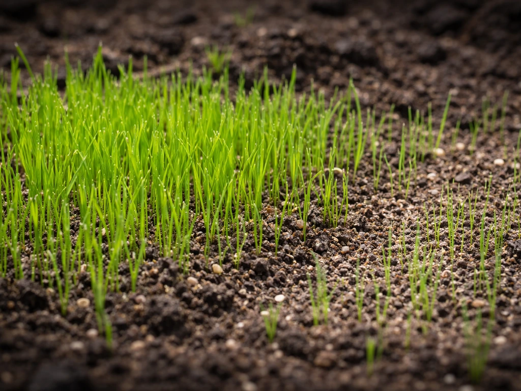 Close-up van graszaailingen met verschil in groeikracht: dicht frisgroen naast schaarser lichter groen.