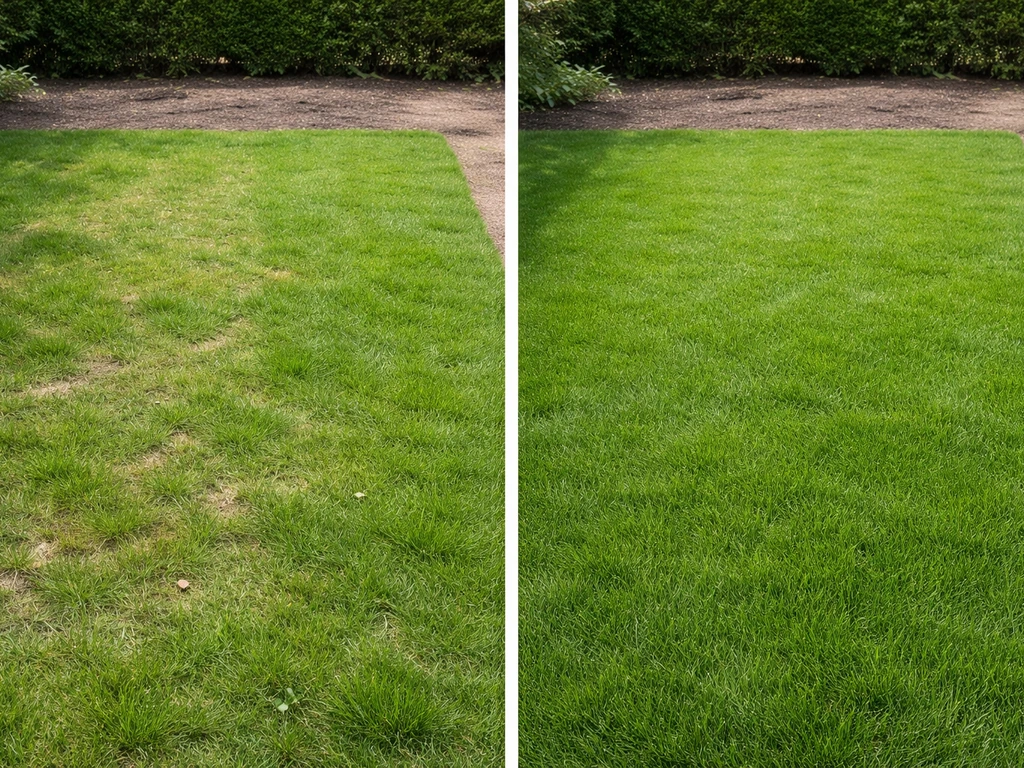 Twee naast elkaar liggende vakken gazon: rechts dichter en egaler groen dan links, realistische tuinvergelijking