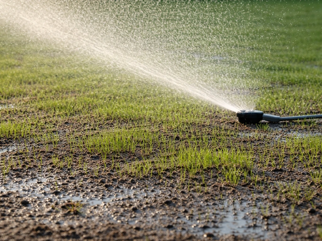 Nieuwe grasmat na het inzaaien met zichtbare waterdruppels van een fijne sproeier