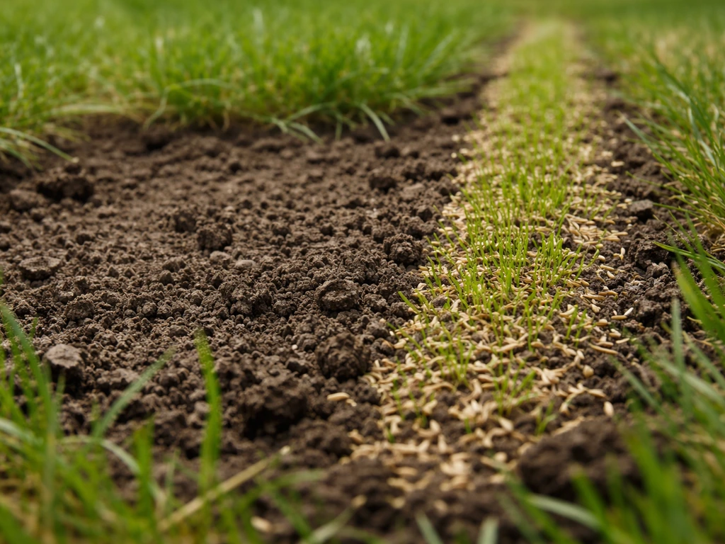 Kale plek in een gazon met losgemaakte grond en een ingezaaid herstelstrookje dat net aanslaat.