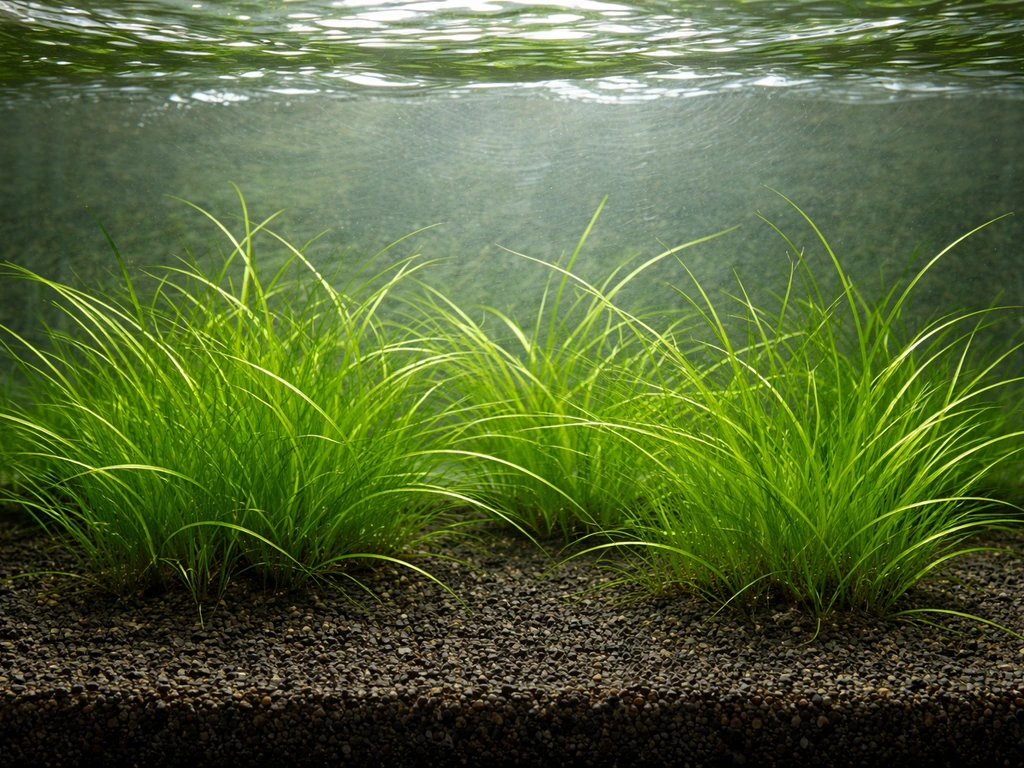 Bovenaanzicht van een aquarium met zacht grasachtig groen en een lichte voile/glanzende film op het wateroppervlak