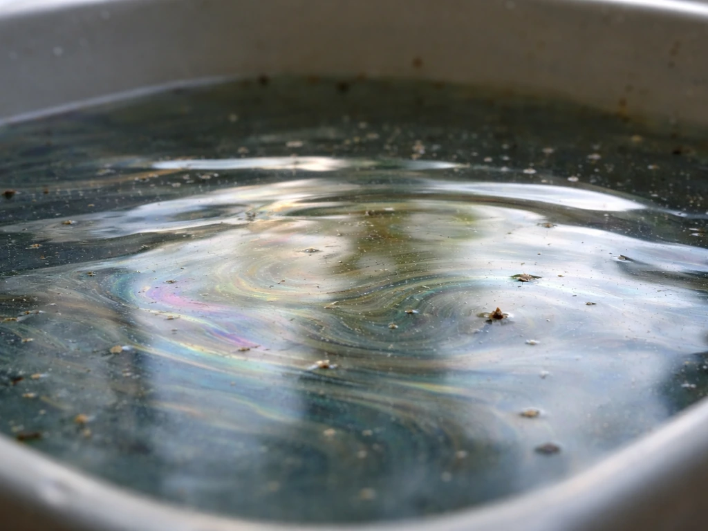 Close-up van een wateroppervlak met een dunne vettige biofilmlaag met zwevende stof- en deeltjes, fotorealistisch.
