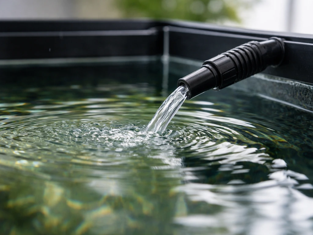 Schuin omhoog gerichte pompuitlaat met lichte rimpels op het wateroppervlak in een aquariumbak