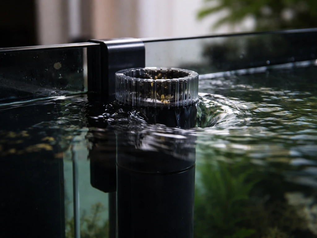 Close-up van een aquarium-oppervlakteskimmer die het bovenste water opzuigt en vuil in opvangfilter vangt.
