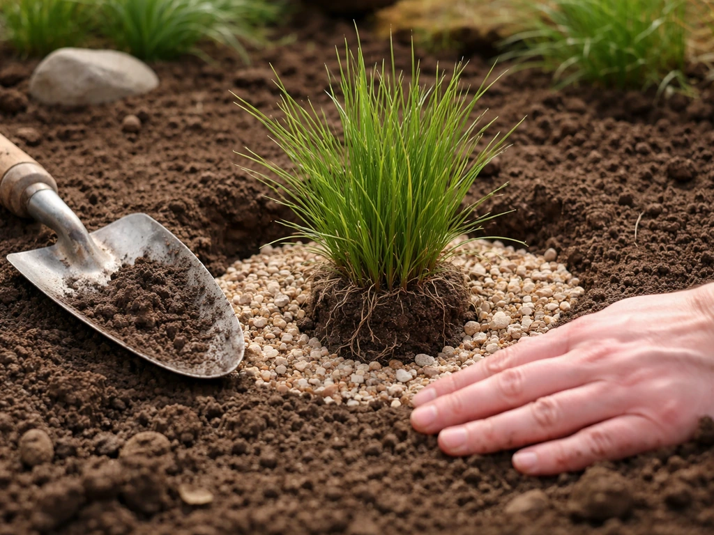 Plantgat met drainage/zandmix en een ingeplante graspol, netjes afgewerkt met grindmulch.