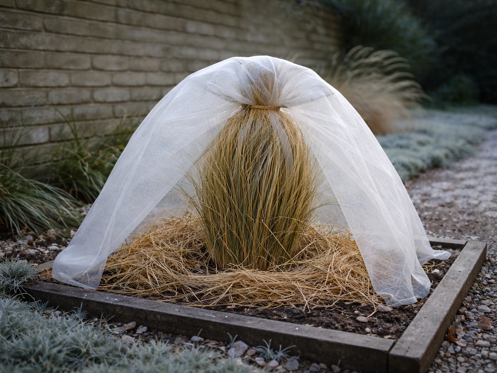 Winterbeschermd siergras in een Nederlandse tuin met droge afdekking en lichte rijp, beschut tegen wind.