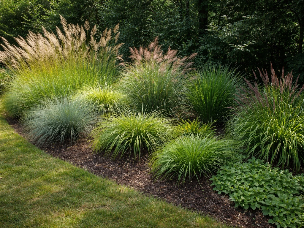 Overzicht van een tuinborder met verschillende siergrassen voor zon en schaduw, drogere en nattere bodem.