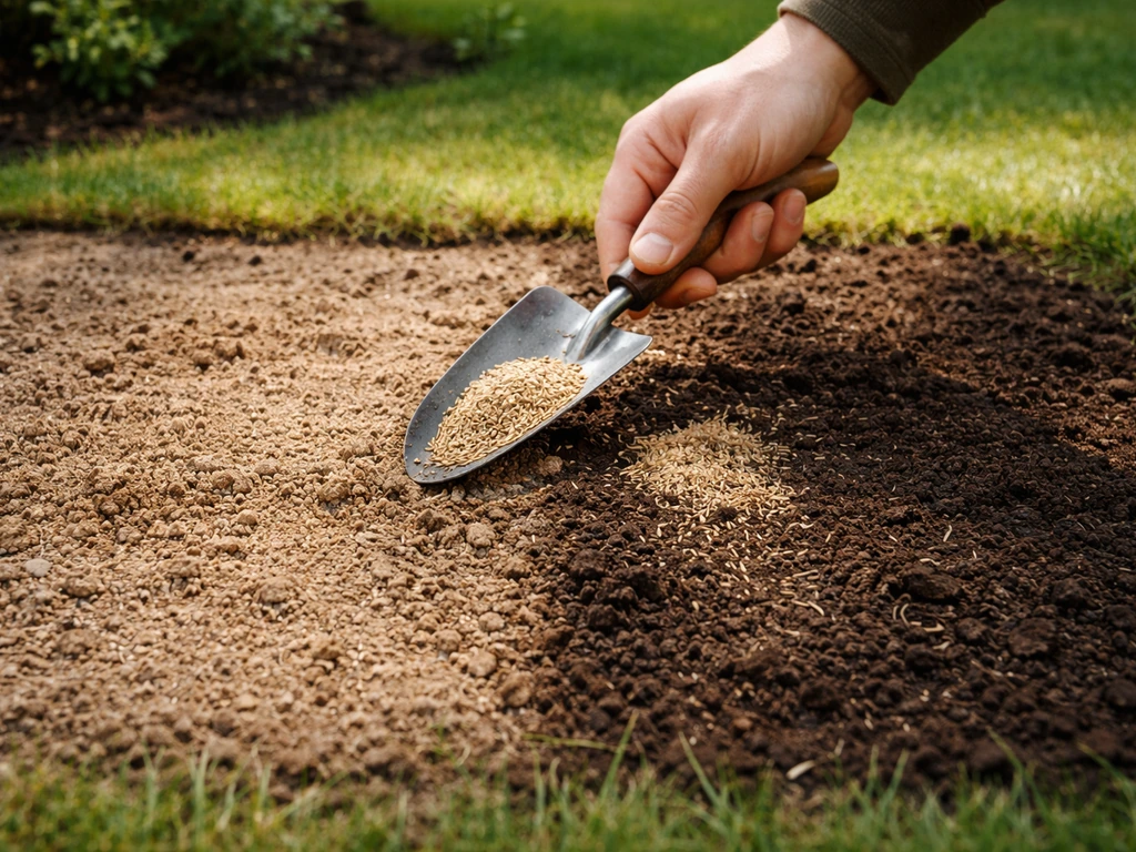 Anonieme hand strooit graszaad in droge en natte grond met zon en schaduw zichtbaar in de tuin.