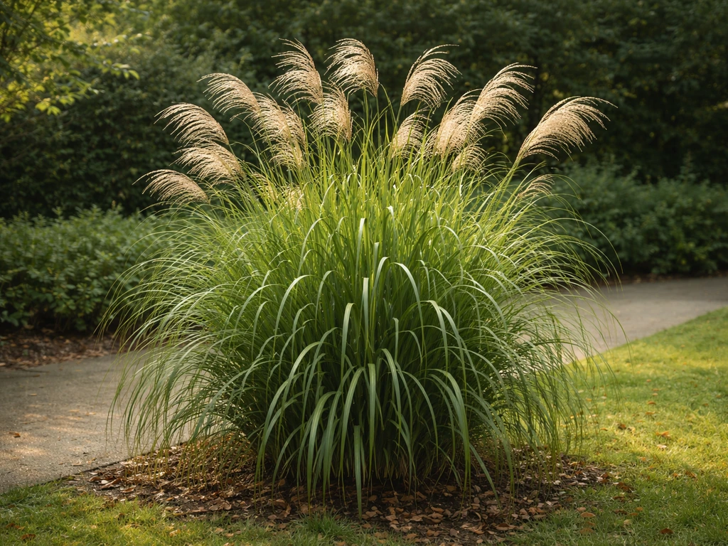 Grote pollen Miscanthus met sierlijke pluimen in een rustige Nederlandse tuin, bij schemerlicht.