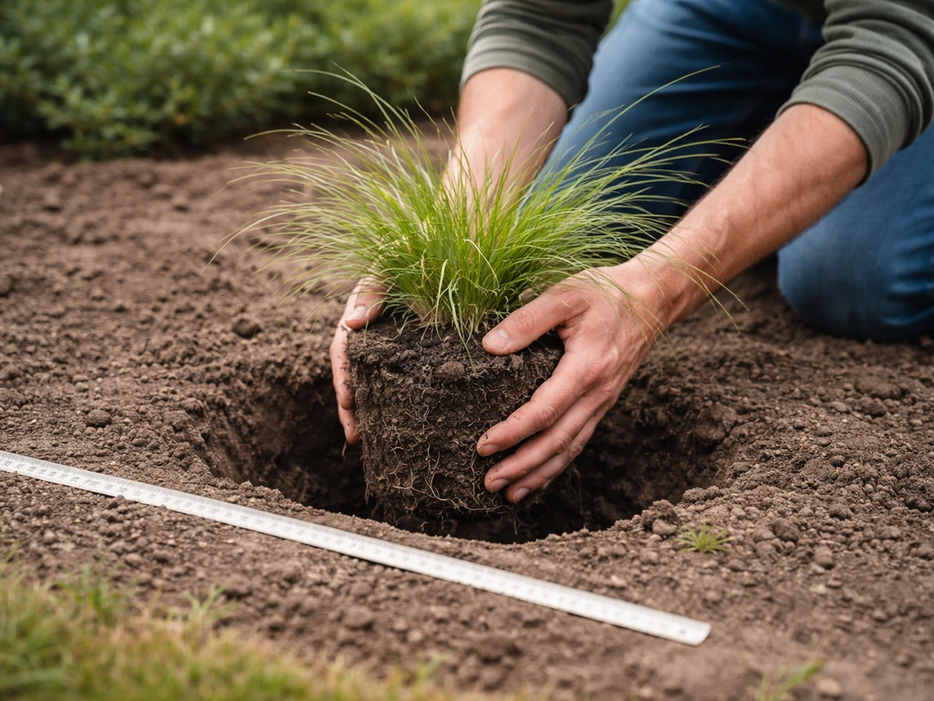 Anonieme handen planten een siergras met kluit in een plantkuil, met meetlint als afstandshulp in de tuin.