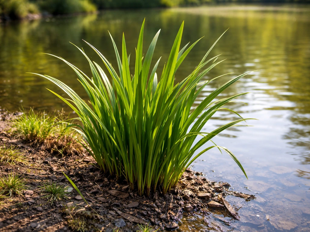 Acorus gras met zwaardvormige bladeren aan een zonnige vijverrand in de tuin, scherp en herkenbaar.