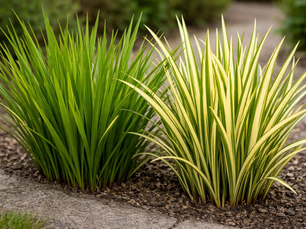 Close-up van kalmoes (Acorus) met crème-geel gestreepte bonte bladeren, duidelijk herkenbaar van echt gras.
