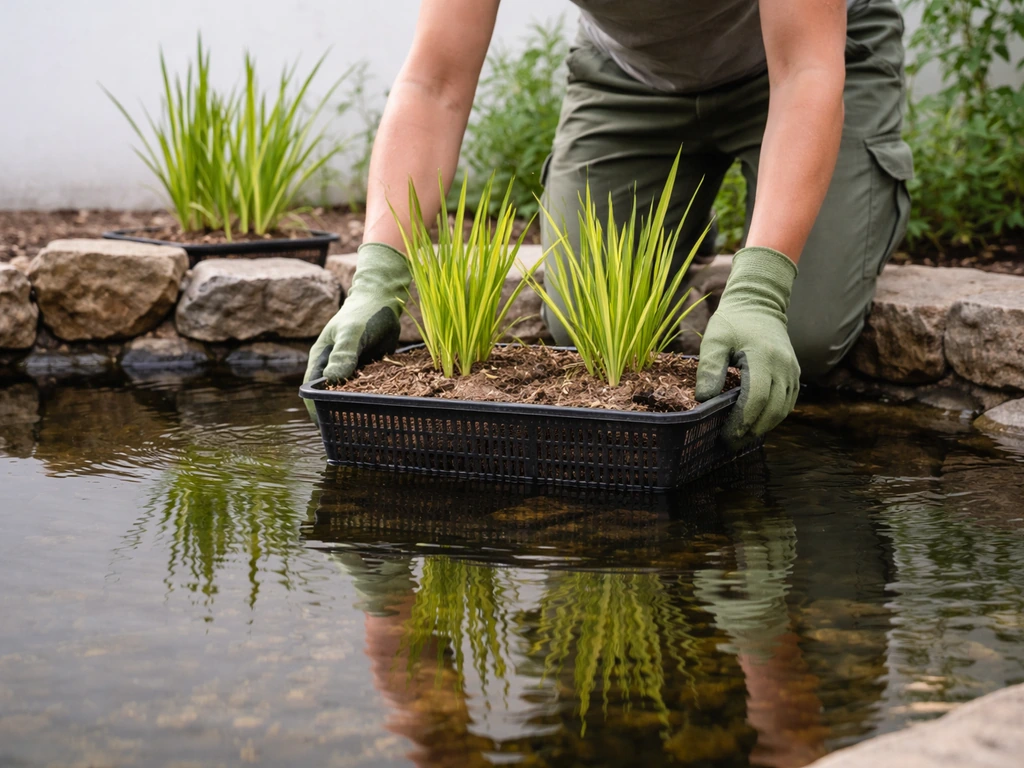 Acorus in een vijvermand met vijvergrond, geplaatst bij de waterspiegel met zichtbare plantafstand.