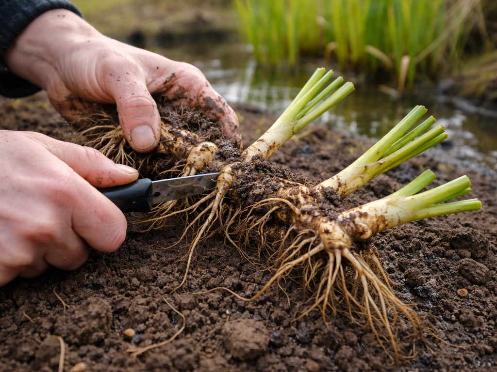 Uitgegraven Acorus-wortelstok wordt in delen gesplitst door handen, klaar om opnieuw te planten.