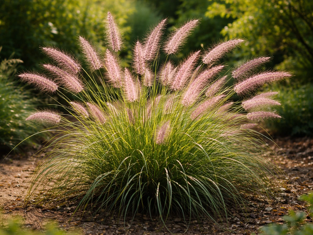 Flamingo gras (Pennisetum 'Flamingo') met roze pluimen in volle bloei tegen een natuurlijke tuinachtergrond