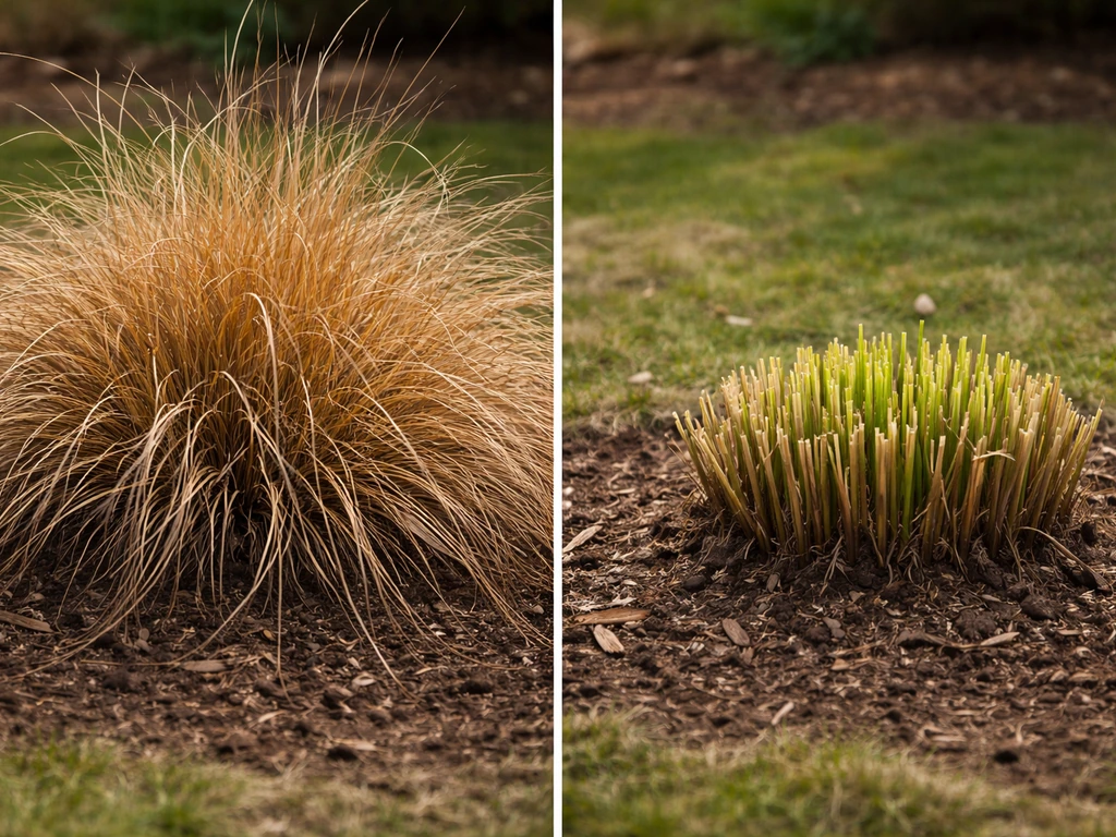 Twee foto’s naast elkaar: siergraspol voorjaarsknip, links oud blad, rechts vers terug tot ca. 10 cm.