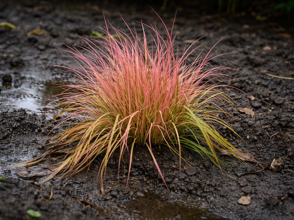 Close-up van flamingo gras met geel en verdroogd blad, zichtbaar achterblijvende groei in te natte grond.