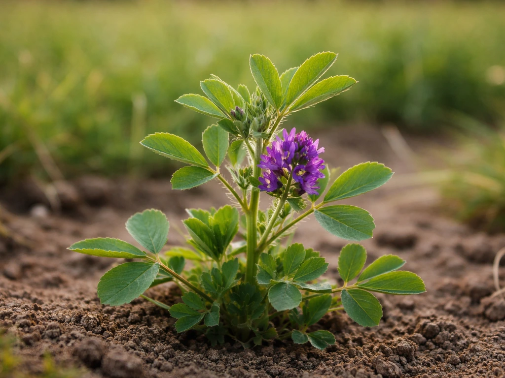 Close-up van een luzerneplant met groene bladeren en paarse bloemen op akkergrond.