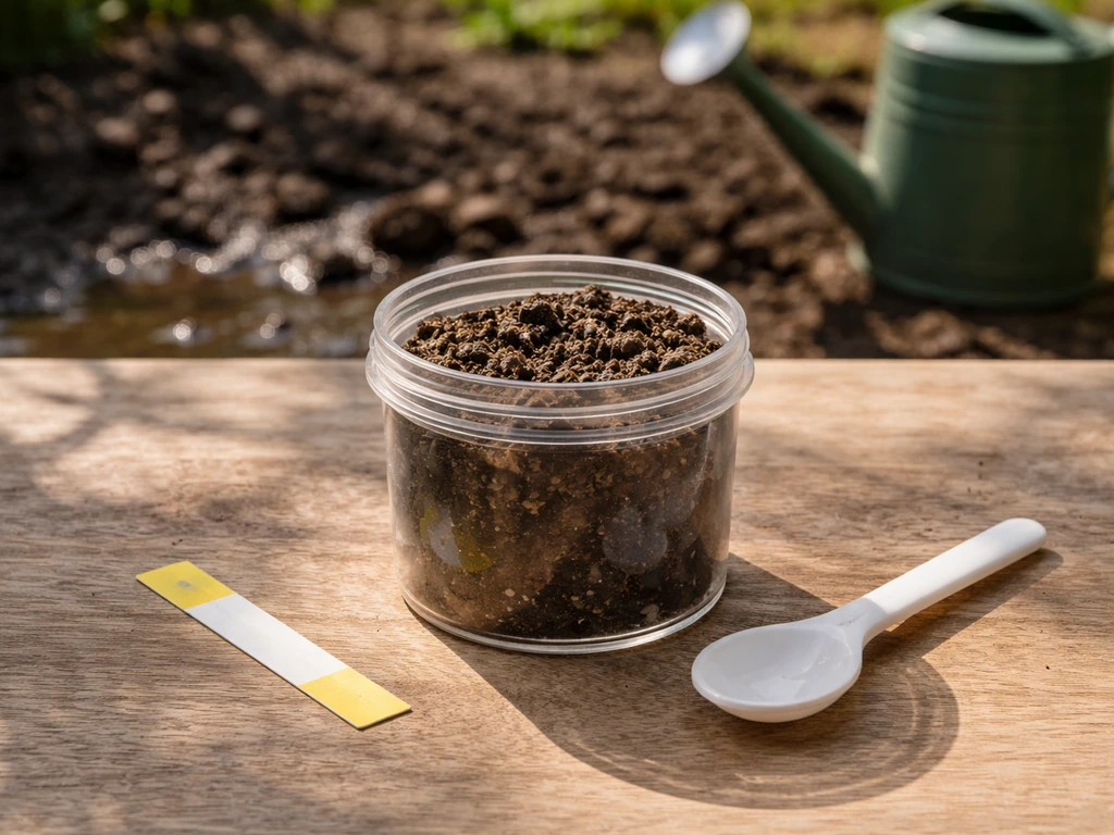 Close-up van een bodemmonster in een pot met pH-teststrook op een houten werkblad, in een tuincontext.