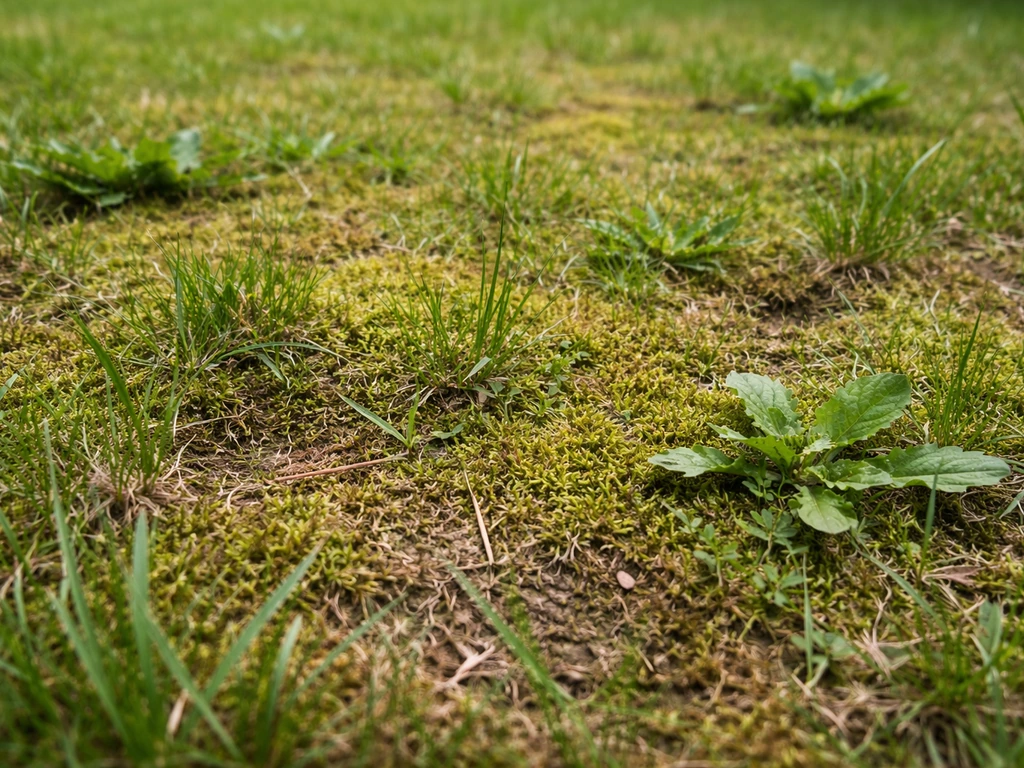Close-up van een gazon waar mos en onkruid zichtbaar tussen het gras groeien.