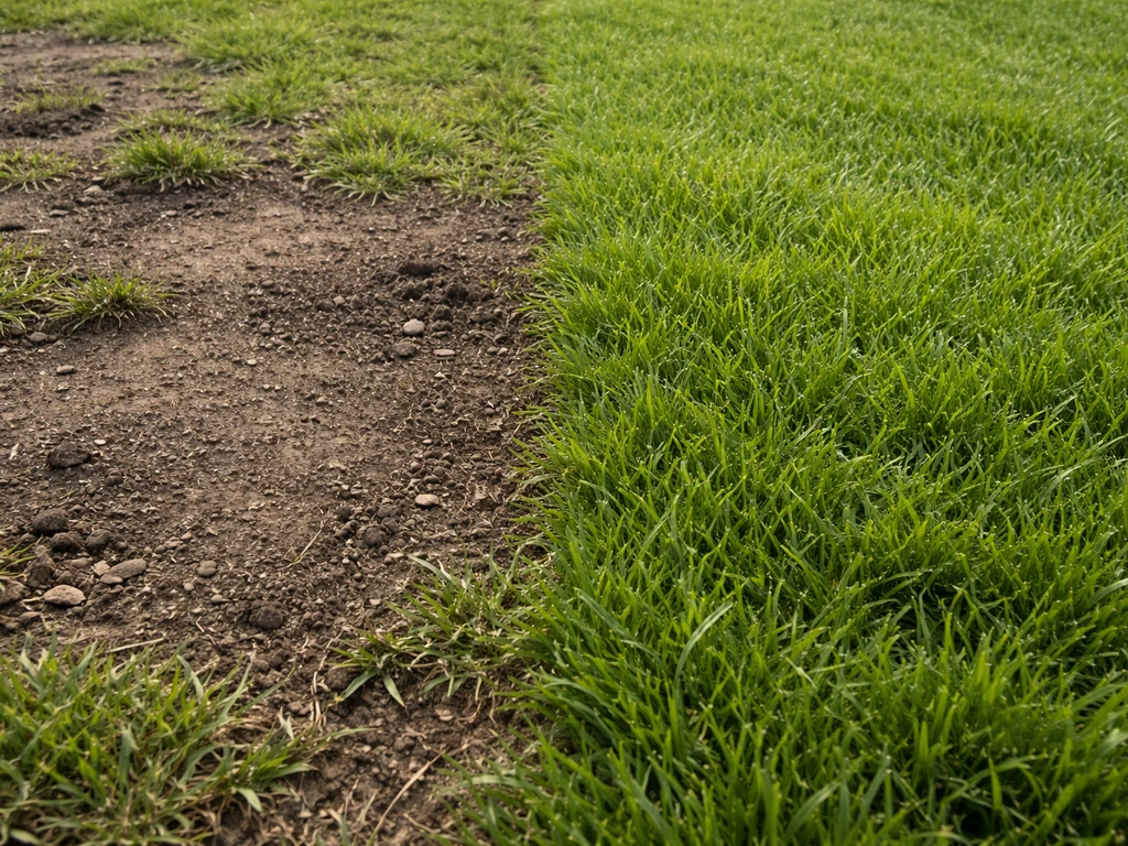 Twee naast elkaar liggende gazondelen: links kale aarde, rechts gesloten groene grasmat.