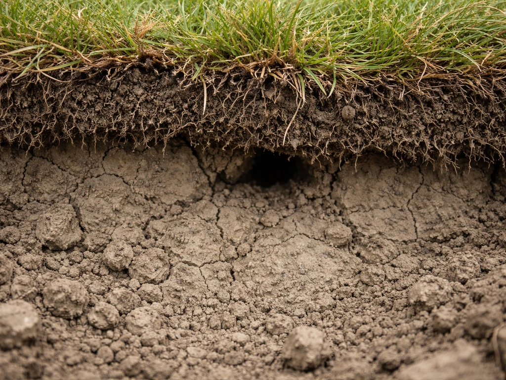 Close-up van dichtgedrukte kleigrond onder de zode met compacte, korrelige structuur en weinig luchtplekken.