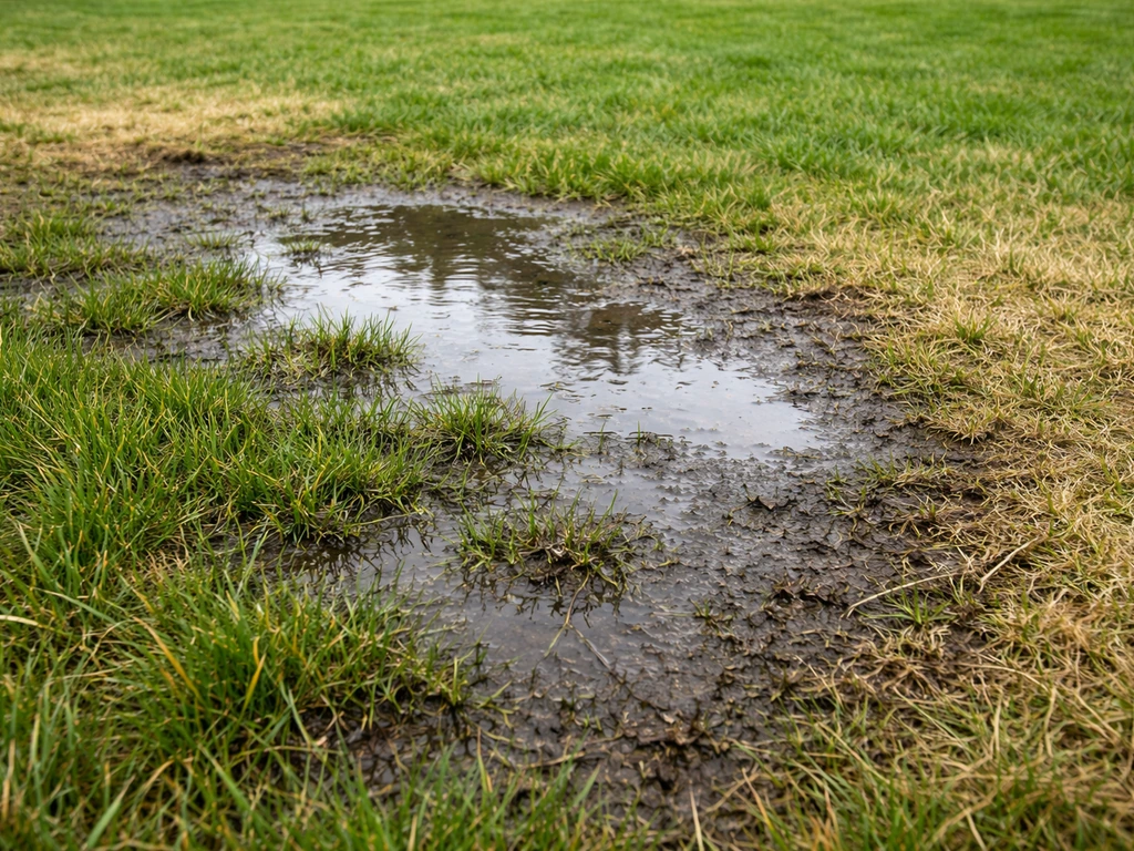 Gazon met plassen en stilstaand water in een laag deel naast een drogere, gelige plek.