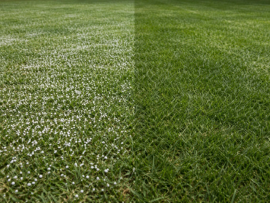 Links kalkkorrels op het gras, rechts hetzelfde gazon zonder ingreep.