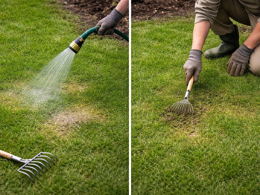 Anonieme tuinier spoelt gele en grijze plekken in het gazon na het strooien met water en harkt licht.