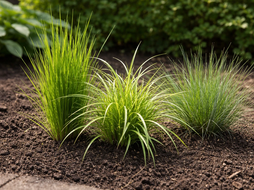 Close-up van meerdere jonge siergraspolletjes in een tuin, met zichtbare verschillen in bladvorm en groeivorm.