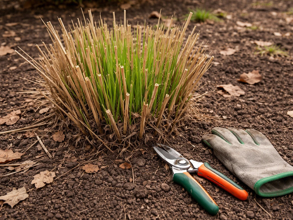 Siergraspol in het vroege voorjaar: droog blad teruggesnoeid, nieuwe groene scheuten zichtbaar, gereedschap erbij.