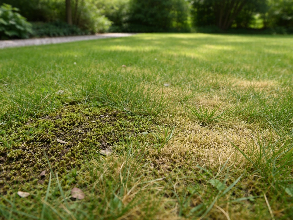 Juni-gazon in Nederland met zichtbare mos- en verdichtingsplekken, gefotografeerd bij daglicht.