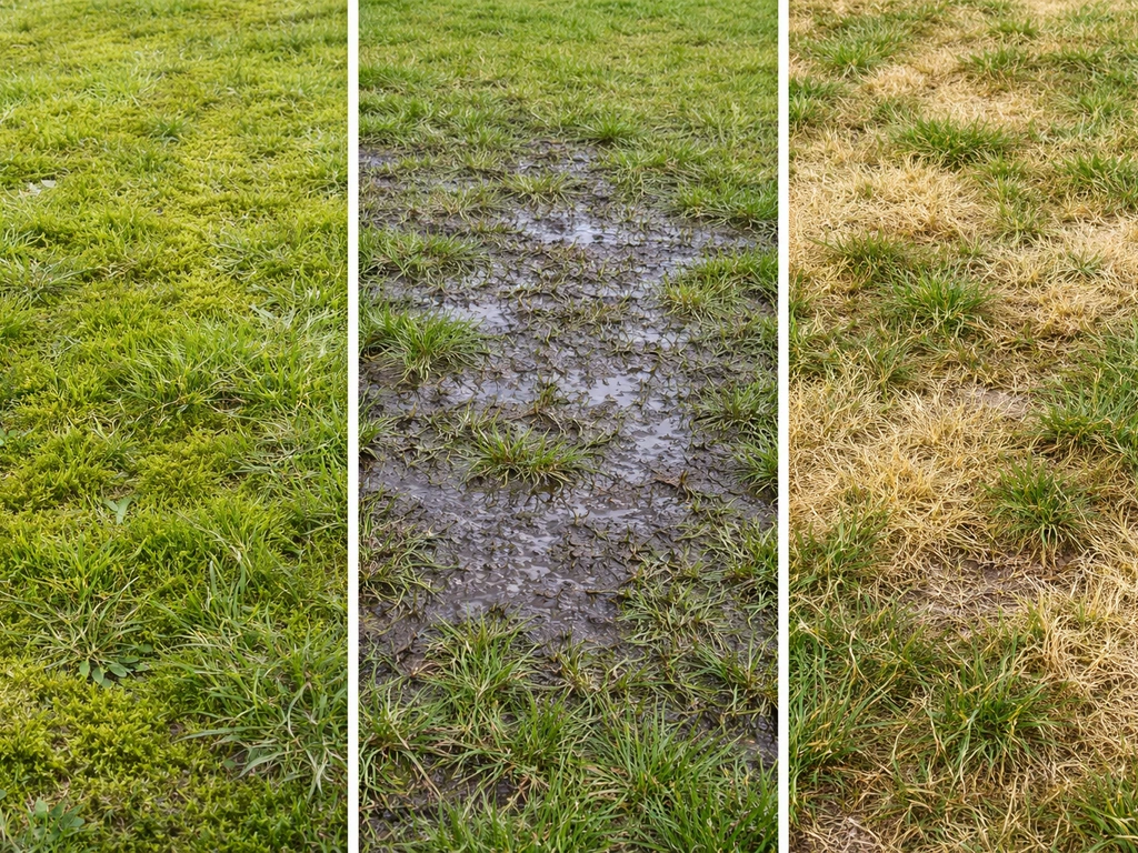 Drie aparte grasproblemen: moslaag, verdichte natte plekken en ongelijk geelbruin droogteschade.